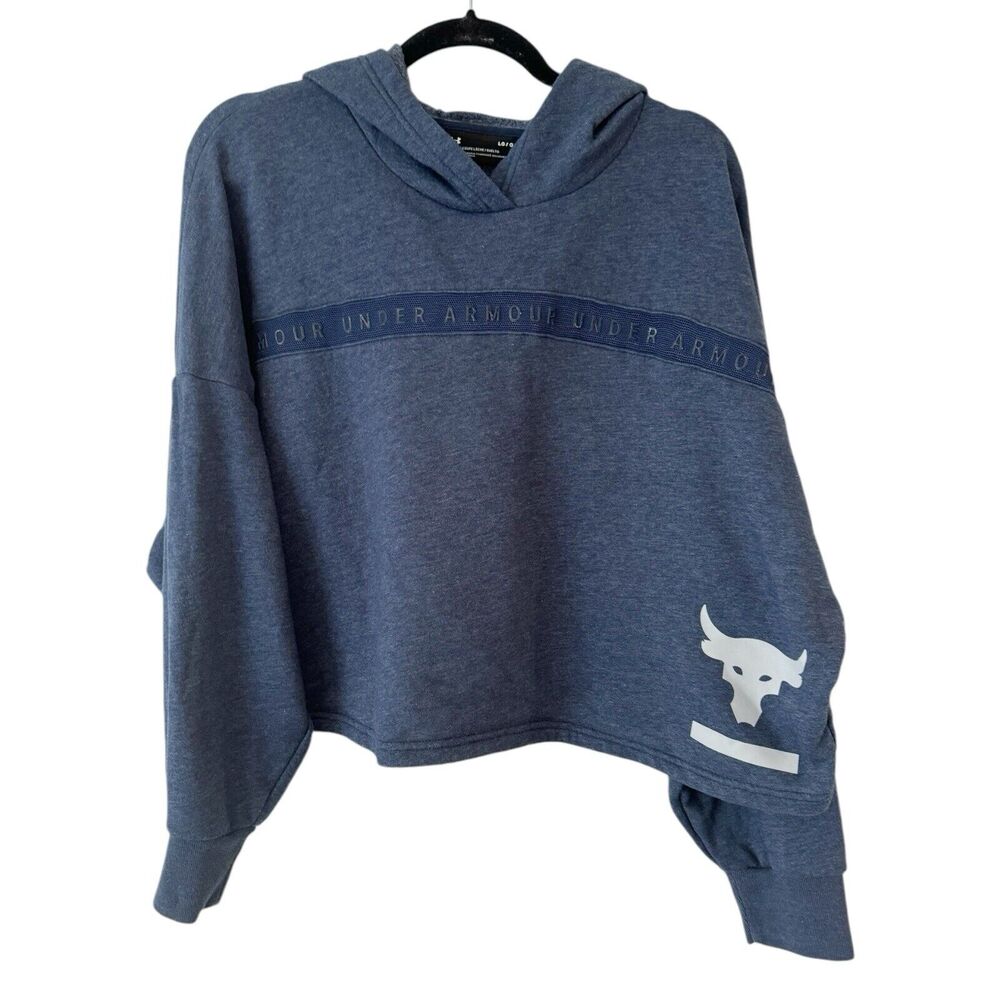 Under Armour Project Rock Navy Blue Logo Cropped Hoodie Sweatshirt Womens Large